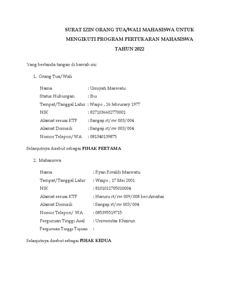2 Format Surat Persetujuan Orang Tua Mahasiswa Untuk Mengikuti PMM 2 | PDF