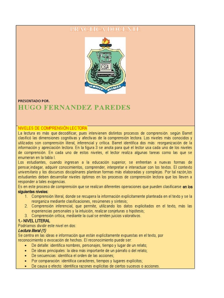 Niveles de Comprensión Lectora | PDF | Comprensión lectora | Inferencia