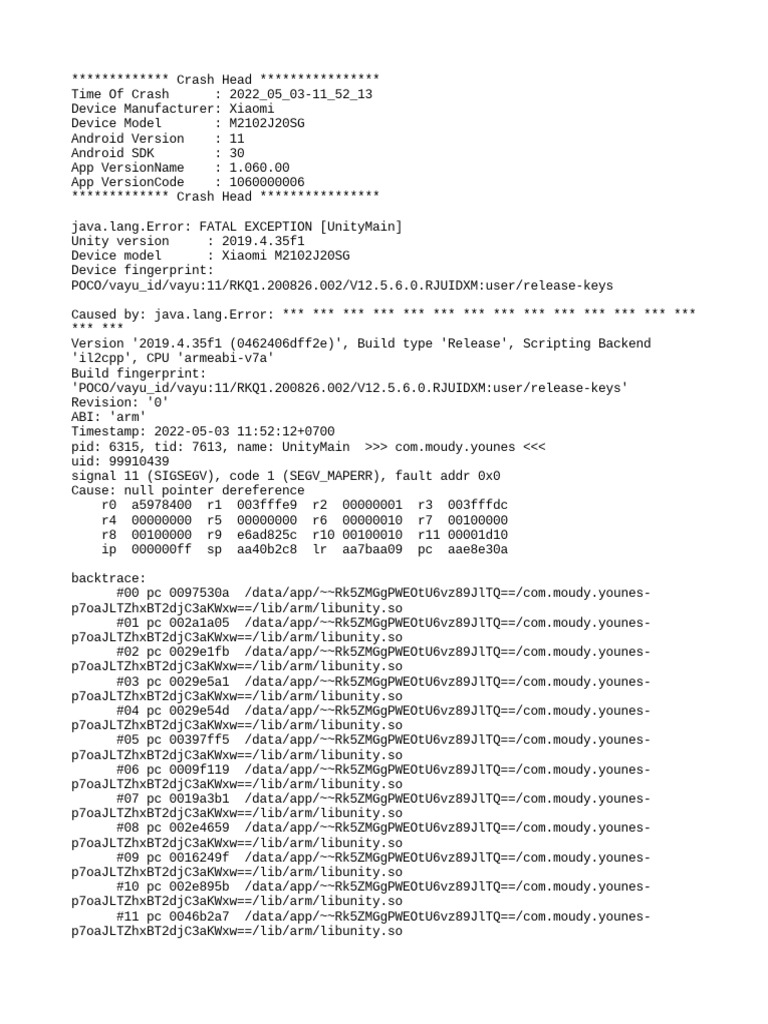 Xiaomi M2102J20SG Unity Crash Log | PDF | Computer Programming ...