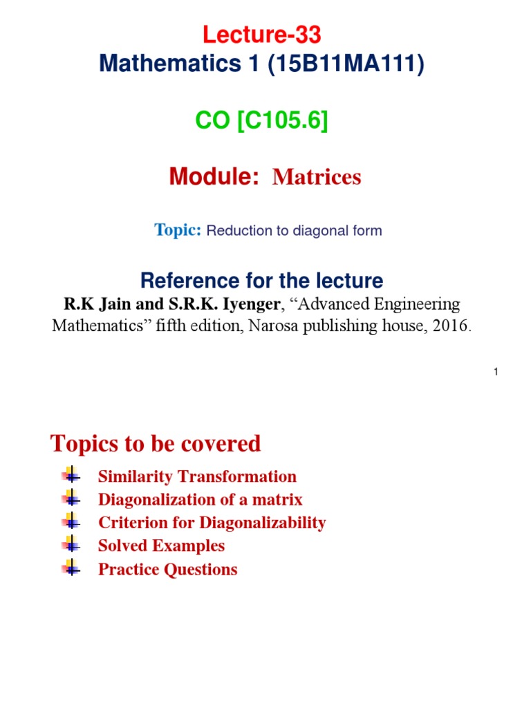 Reduction To Diagnol Form | PDF | Eigenvalues And Eigenvectors | Matrix  (Mathematics)