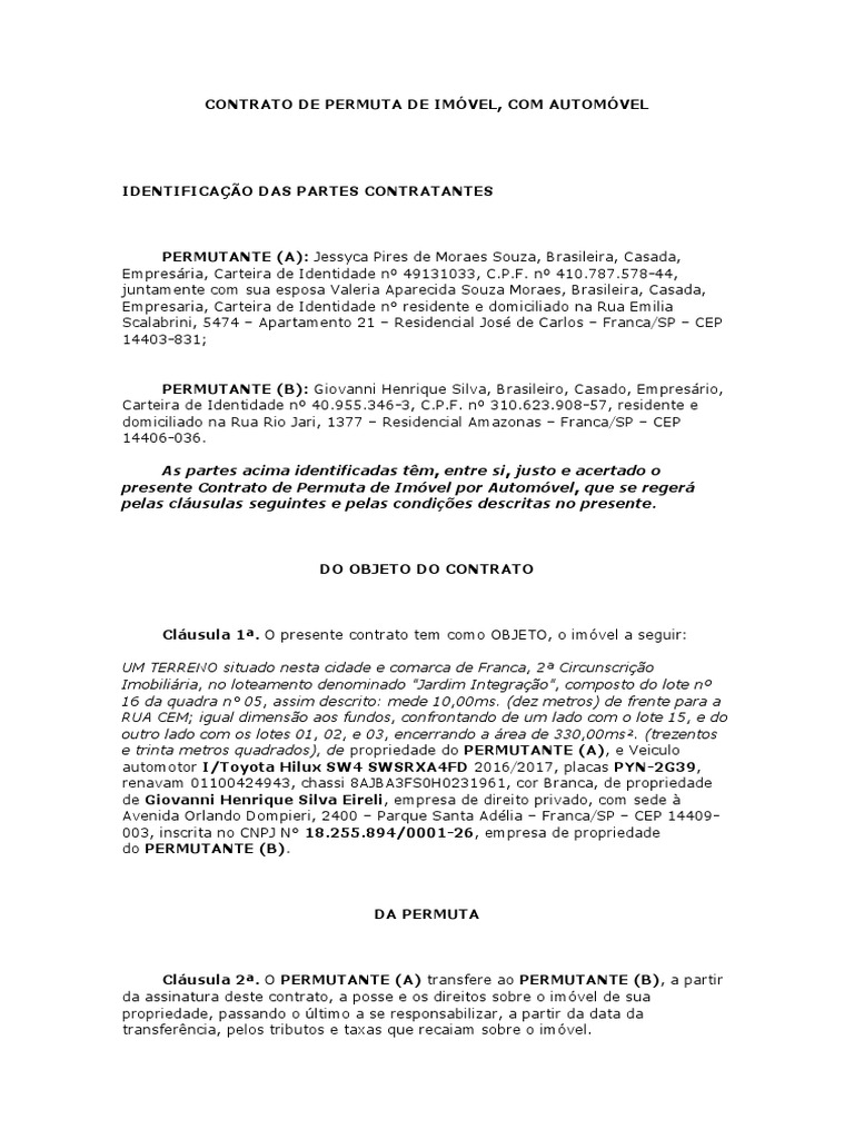 Contrato de Permuta: Imóvel e Veículo | PDF | Justiça | Crime e Violência