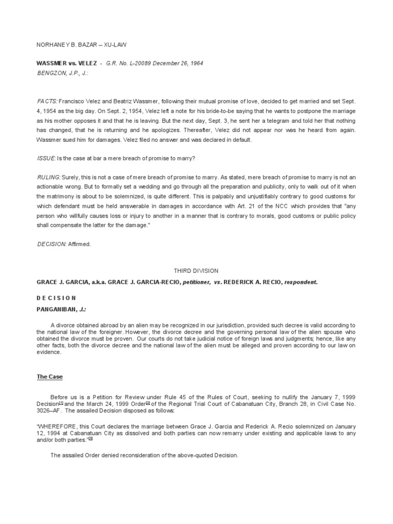 Civil Law Cases PDF Divorce Burden Of Proof (Law)