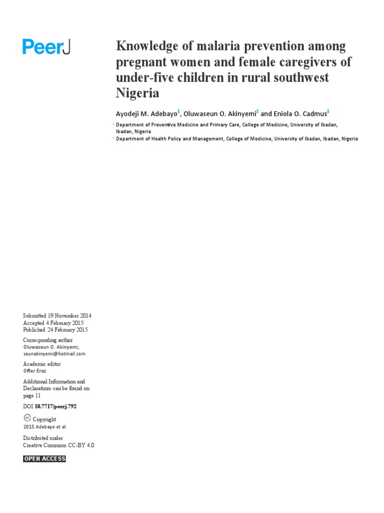 Knowledge of malaria prevention among pregnant women and female