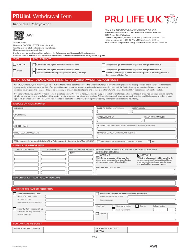 PRULink Withdrawal Form Instructions | PDF