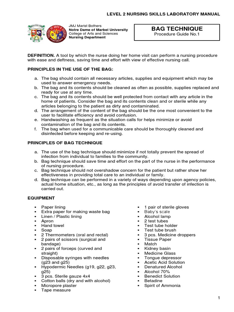 CHN Bag Technique for Nursing Procedures | PDF | Hand Washing ...