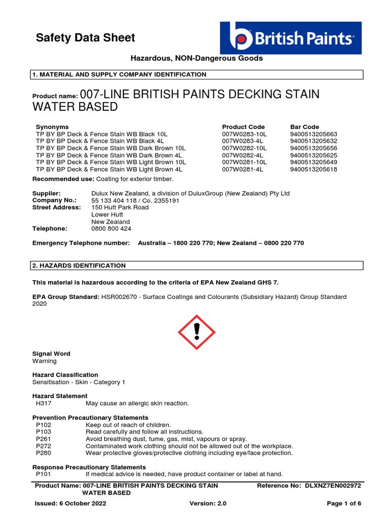 007Line British Paints Decking Stain Water BasedNz SDS PDF