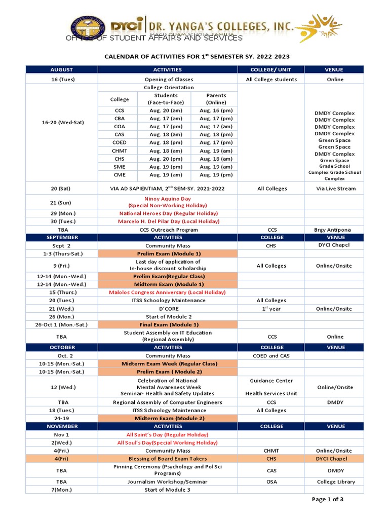 DYC CHS Calendar of Activities For AY 2022 2023 PDF Observances