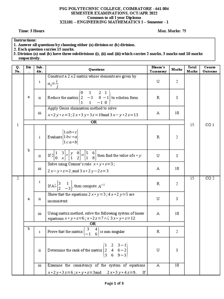 1st Sem Engineering Maths Exam Paper | PDF | Triangle | Equations