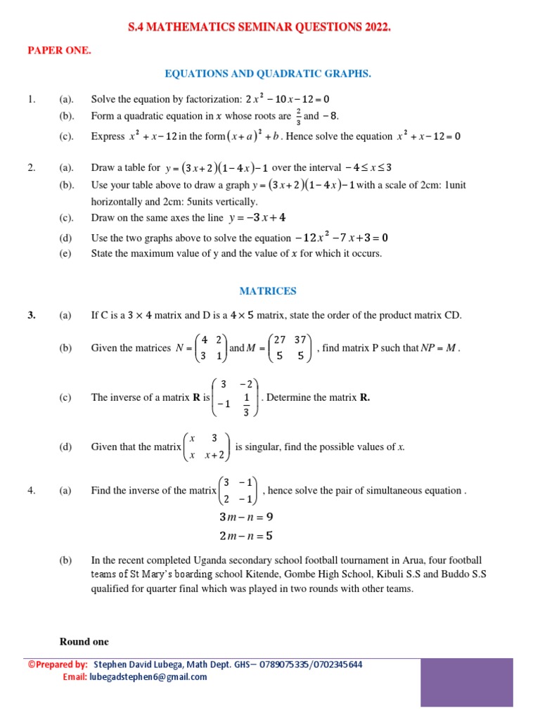 S.4 Maths Seminar Questions-2022 | PDF | Matrix (Mathematics ...