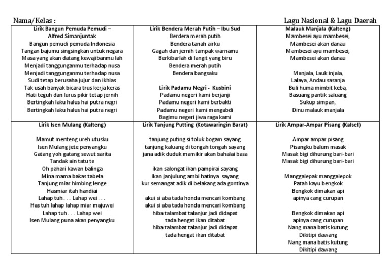 Lirik Lagu Nasional Dan Daerah (Revisi) | PDF