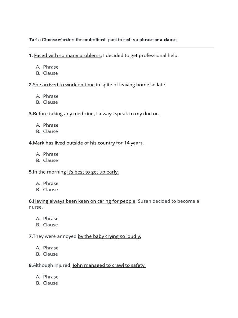 Phrases and Clauses Identification Worksheet | PDF