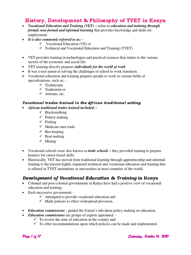 History and Development of TVET in Kenya | PDF | Vocational Education ...