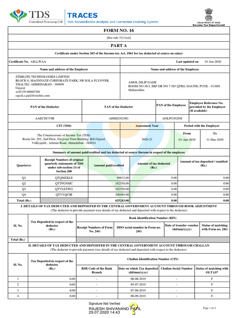 Form no 16 fy 19 20 pdf tax deduction employee benefits
