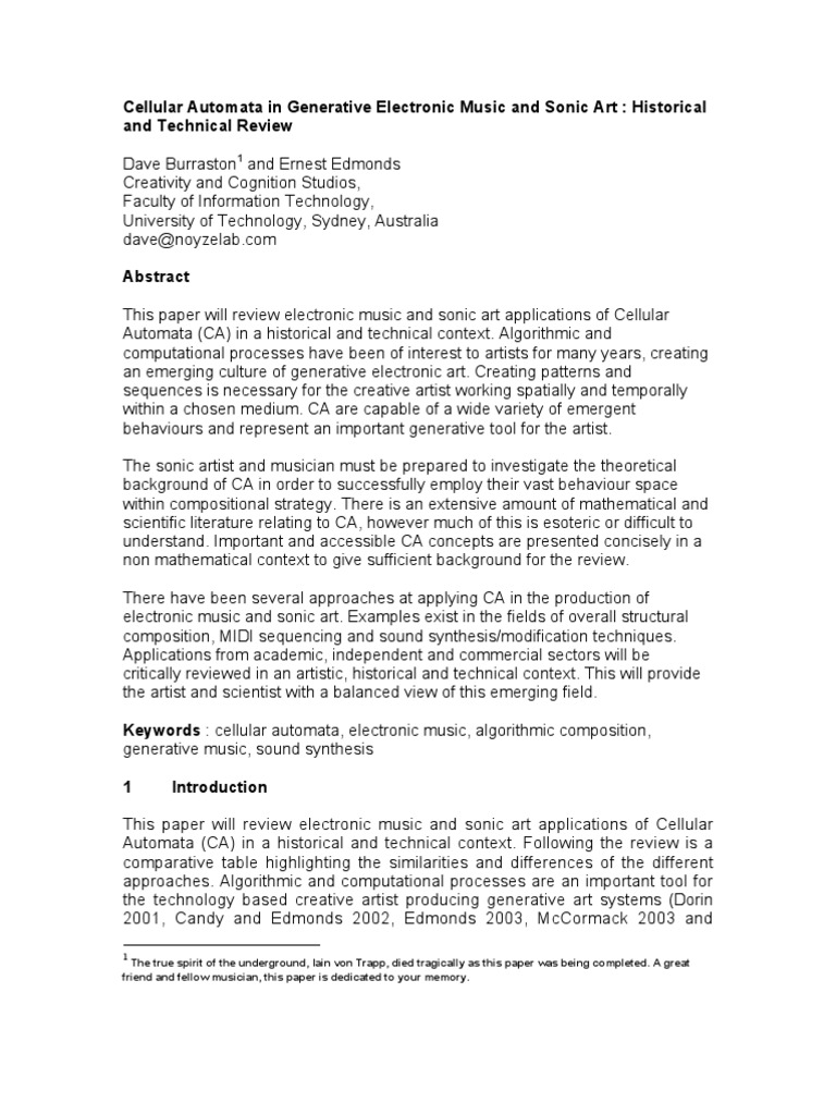 Cellular Automata In Generative Electronic Music And Sonic Art Pdf