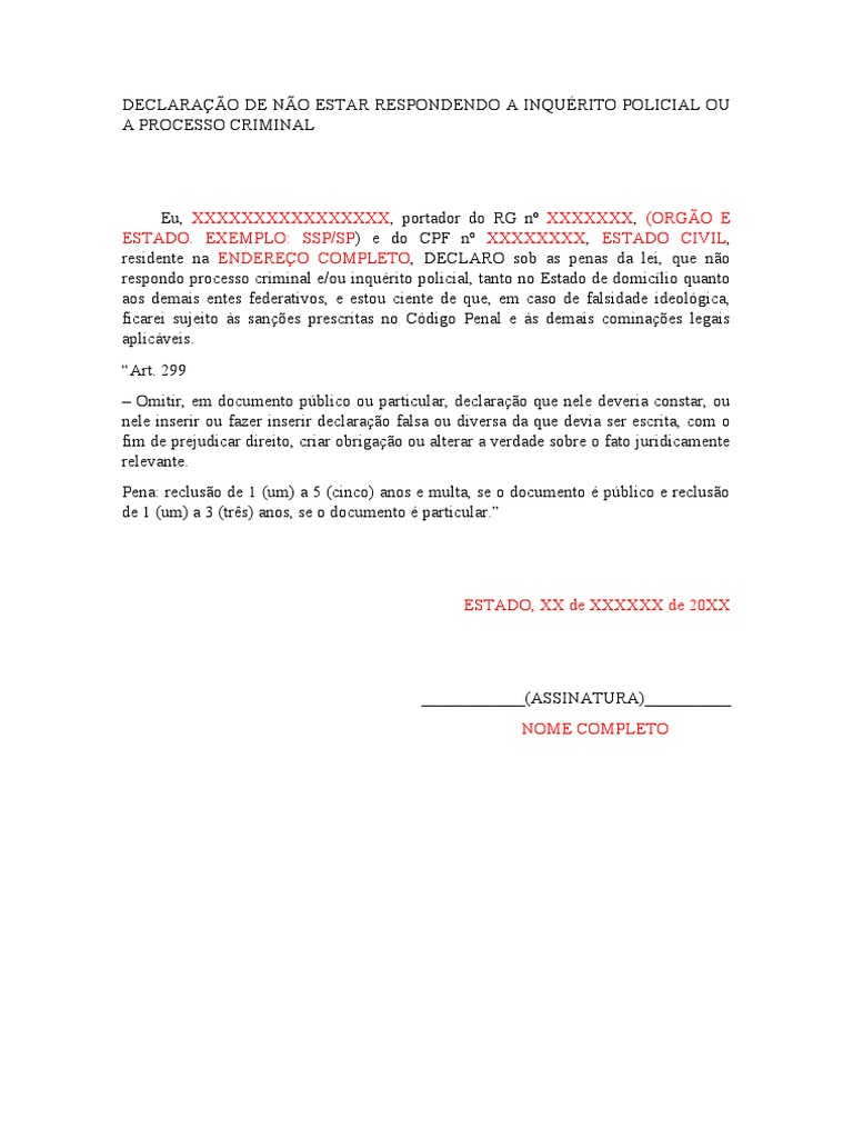 Declaração de Não Estar Respondendo A Inquérito Policial Ou A Processo ...