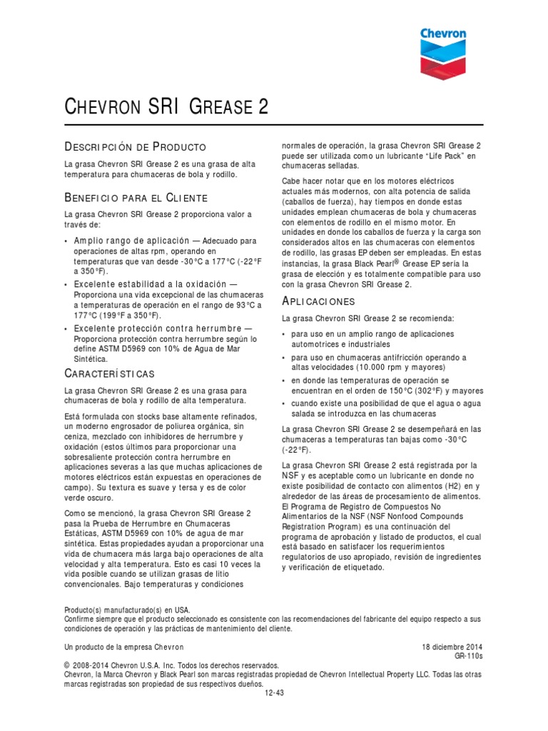 Chevron Sri Grease Nlgi 2 PDF Lubricante Agua