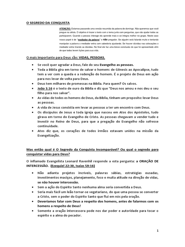O SEGREDO DA CONQUISTA - Versão Celula | PDF