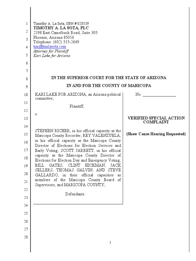 Kari Lake For Arizona v. Richer, Valenzuela, Jarrett, Gates, Hickman, Sellers, Galvin, and Galardo | PDF | Voting | Elections