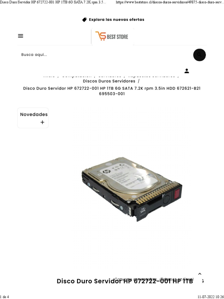 Disco duro servidor hp 672722 001 hp 1tb 6g sata 7 2k rpm 3 5in hdd
