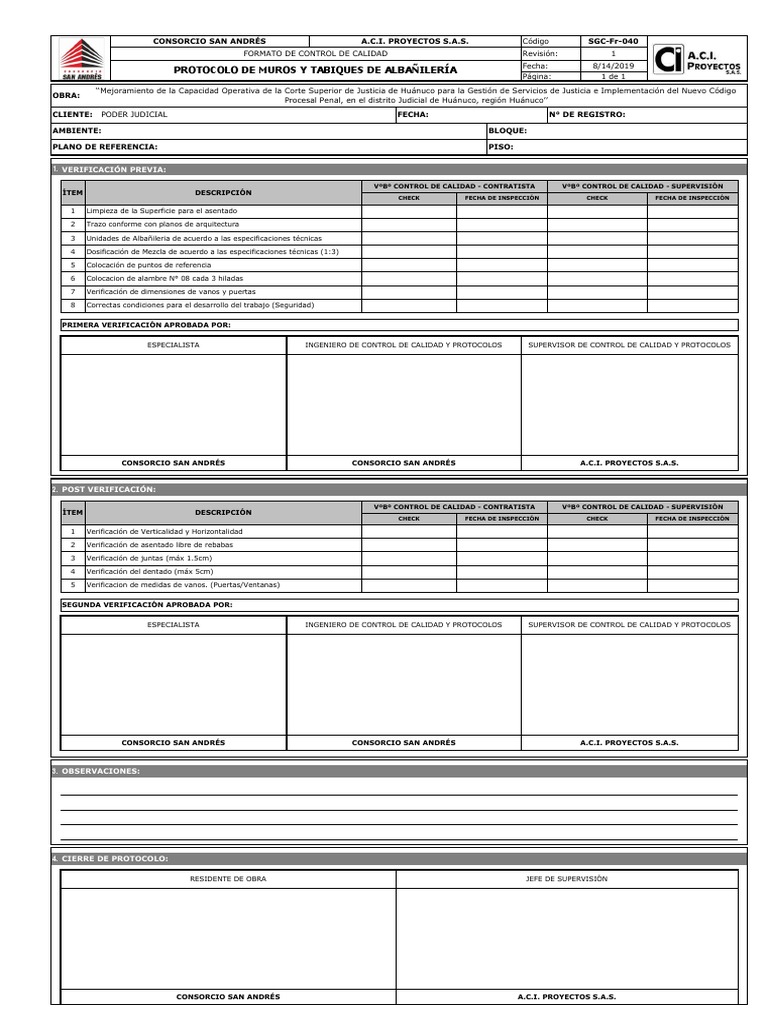 Control de Calidad en Albañilería SGC-Fr-040 | PDF