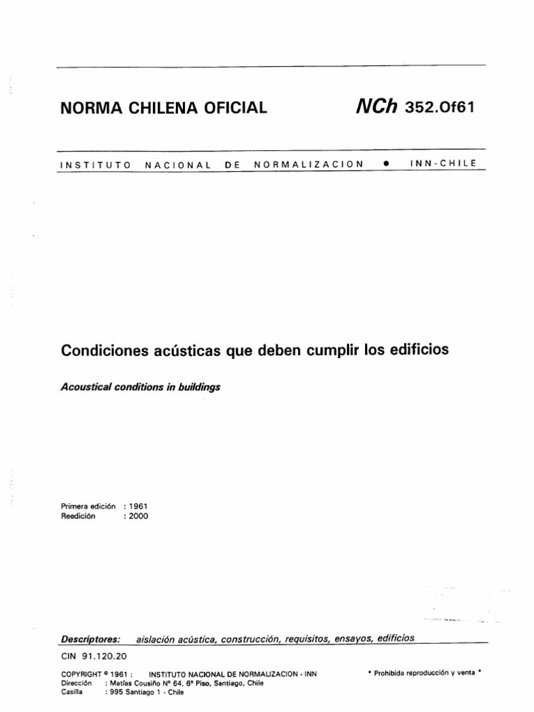 NCH 0352 1961 2 Condiciones Acusticas Que Deben Cumplir Los Edificios | PDF