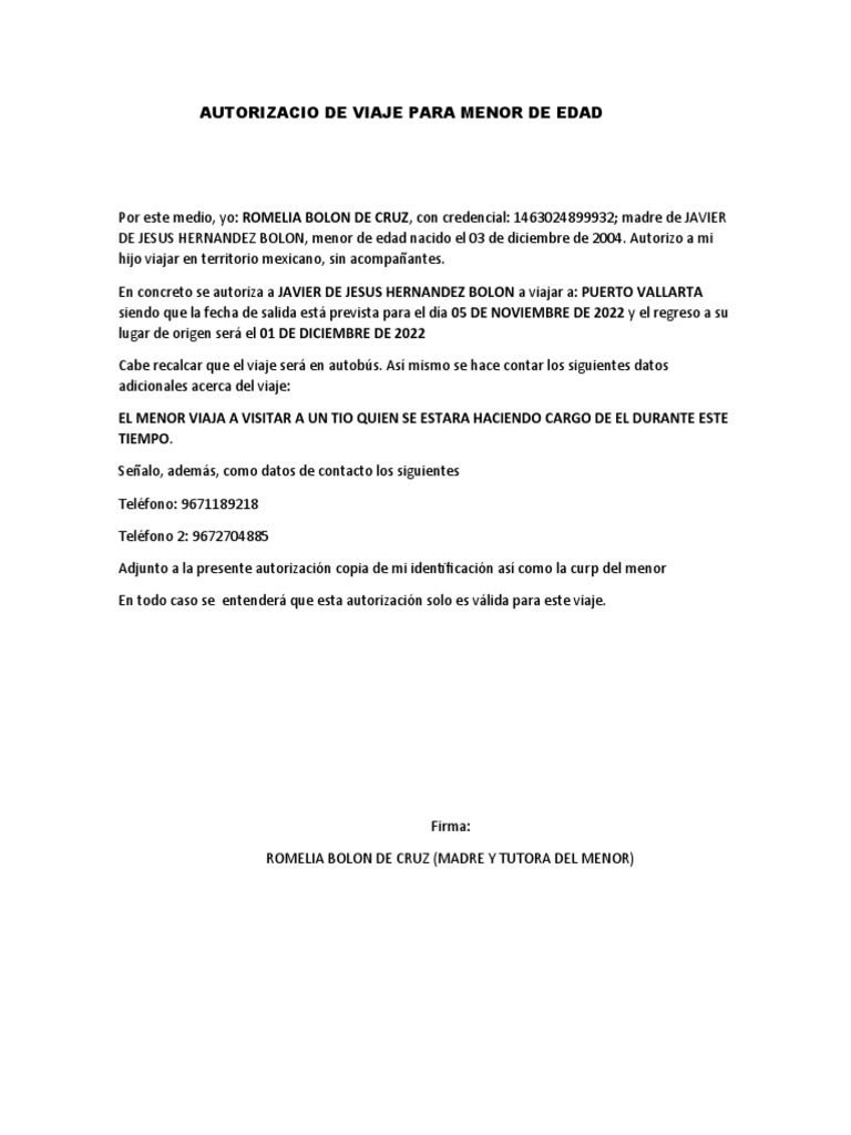Autorizacio de Viaje para Menor de Edad | PDF