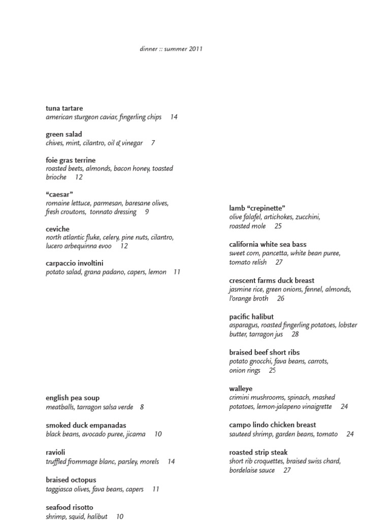Summer 2011 Dinner Menu Highlights | PDF | Cooking, Food & Wine
