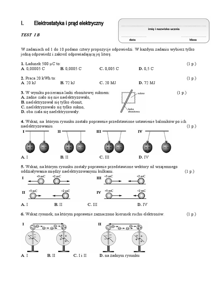Elektrostatyka I Prąd Elektryczny Klasa 8 I. Elektrostatyka I Prąd Elektryczny | PDF