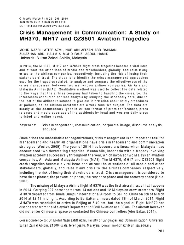 Malaysian Airlines Crisis Management PDF Malaysia Airlines Flight