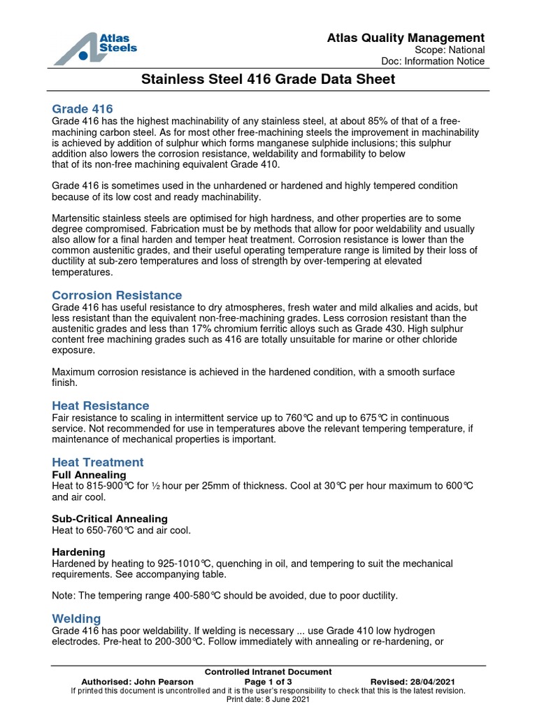 Stainless Steel 416 Grade Data Sheet 28-04-21 | PDF