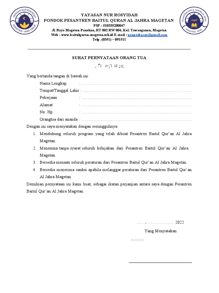 Surat Pernyataan Orang Tua | PDF