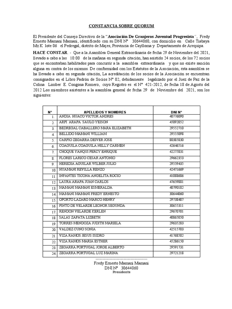 Constancia Quorum y Convocatoria-Aso. Juventud Progresistas | PDF