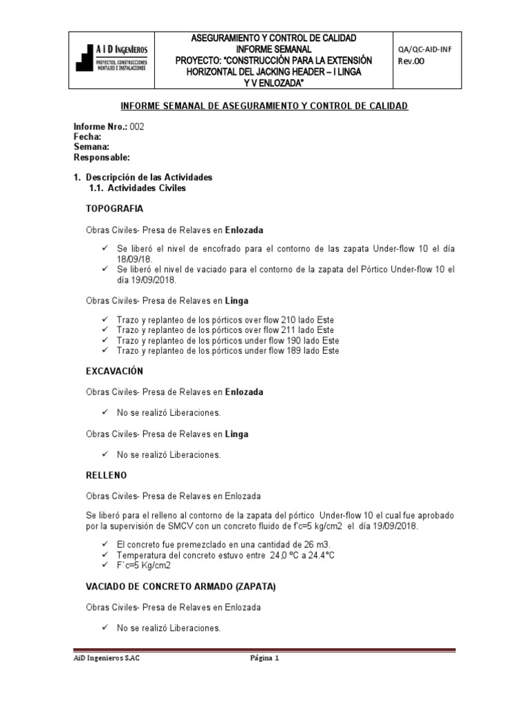 Informe Semanal de Control de Calidad | PDF | Construyendo tecnología ...