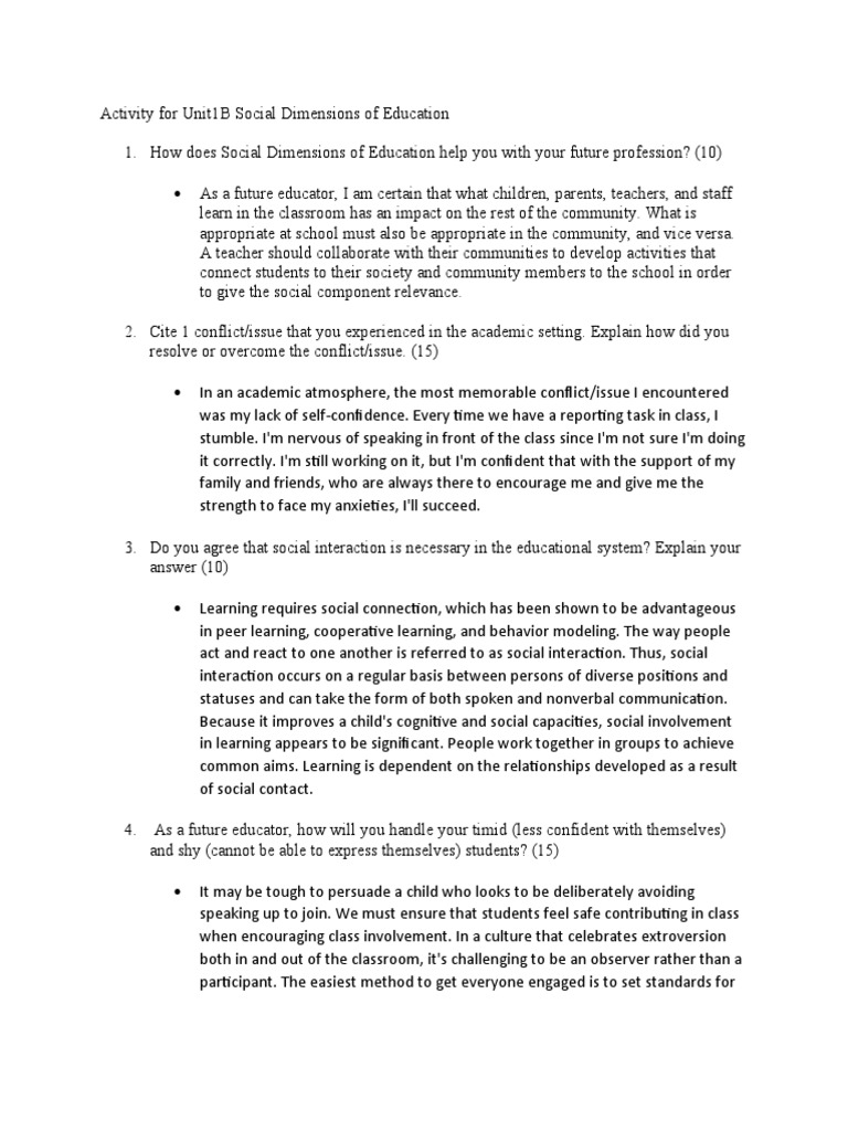 Domacena - Activity For Unit1B Social Dimensions of Education | PDF ...