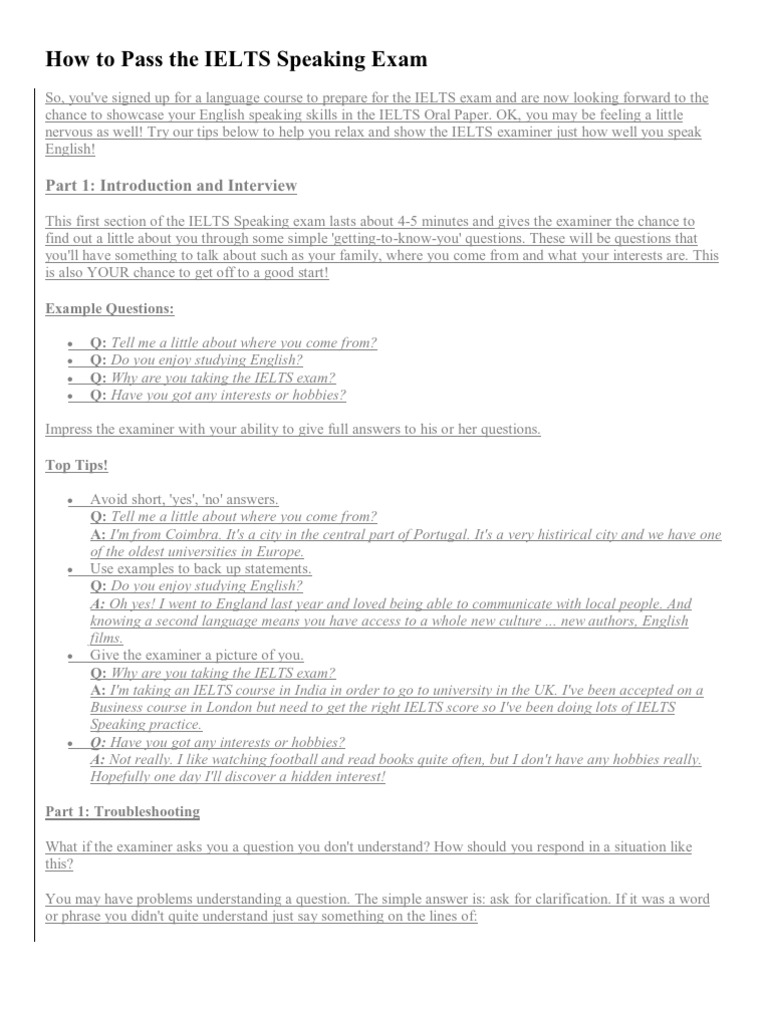 IELTS Speaking Tips and Sample Questions | PDF | Yellow | International ...