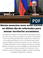 Rússia Anunciou Novo Aviso Núclear No Último Dia de Referendos para Anexar Terrítorios Ucranianos.