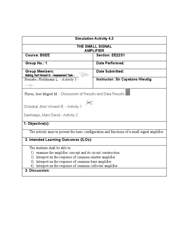 Simulation ACtivity 4.3 THE SMALL SIGNAL AMPLIFIER Simulation PDF