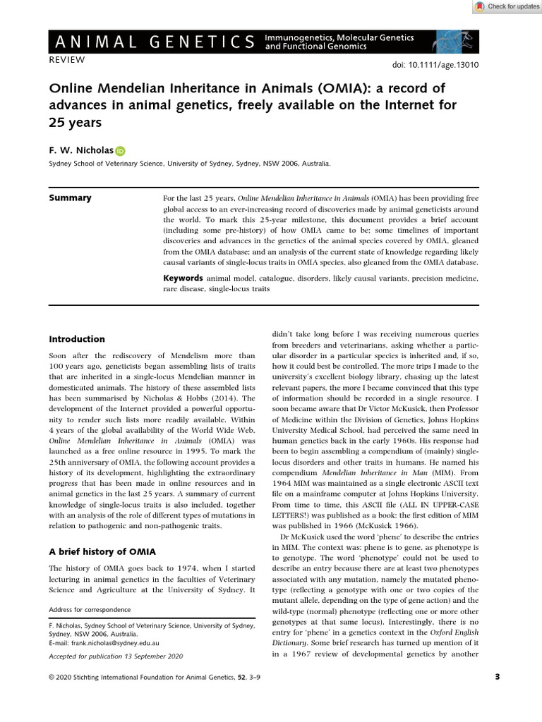 Animal 2020 Nicholas Online Mendelian Inheritance in