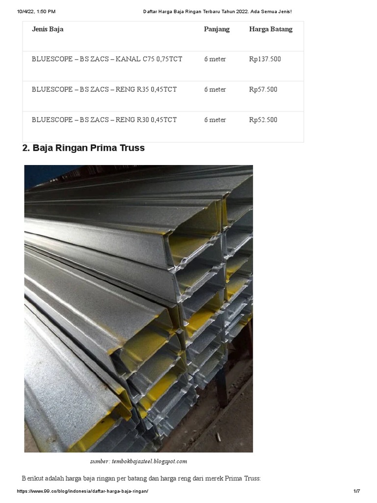 Daftar Harga Baja Ringan Terbaru Tahun 2022. Ada Semua Jenis! | PDF