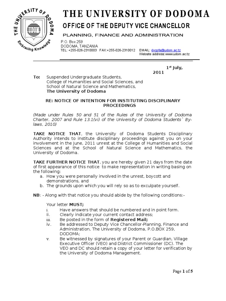 Disciplinary Proceedings Notice for UDOM Students | PDF | By Law | Science