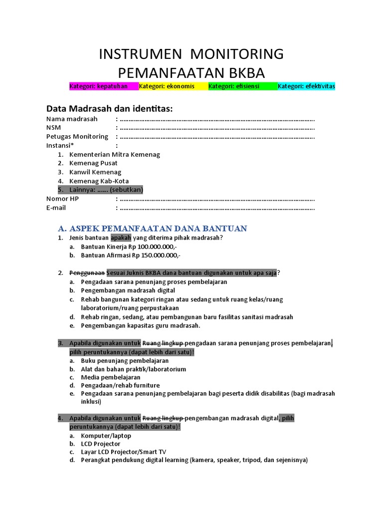Monitoring Pemanfaatan BKBA Madrasah | PDF