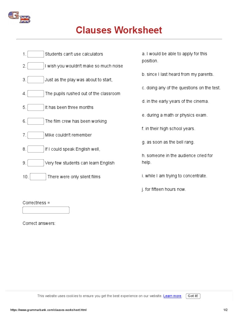 Clause Matching Worksheets - GrammarBank | PDF | Worksheet