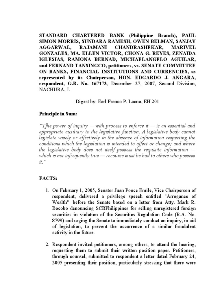 Standard Chartered Bank vs. Senate Committee On Banks (2007) Digest PDF