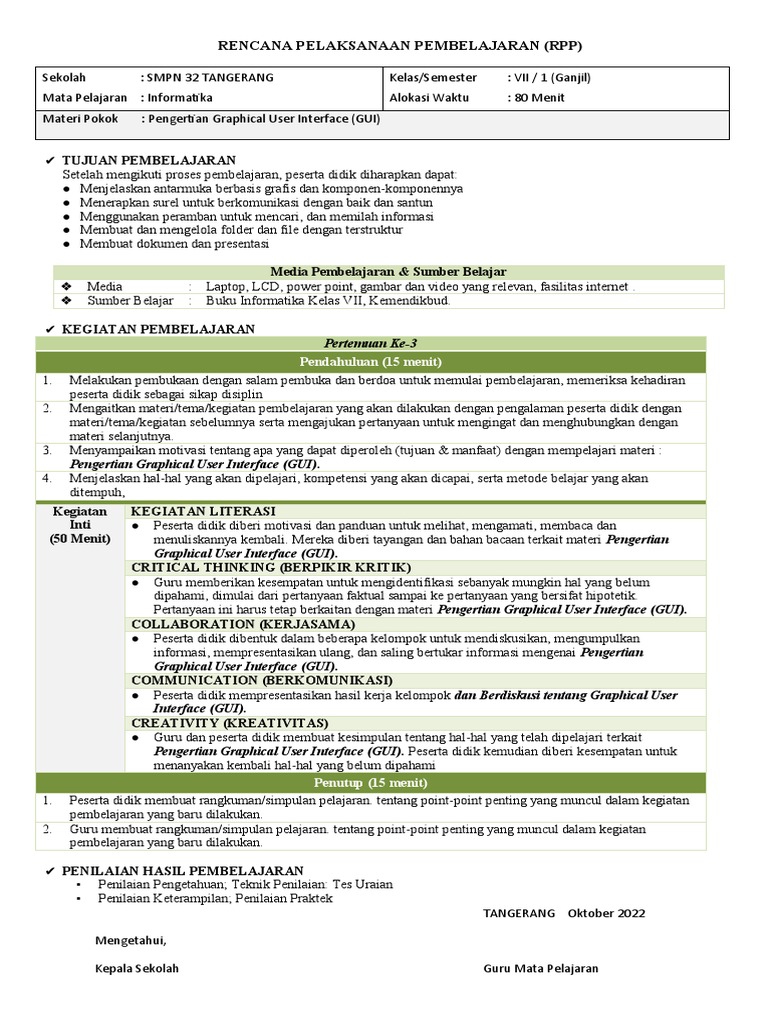 RPP 1 Lembar Informatika Kelas 7 Semester 1 | PDF