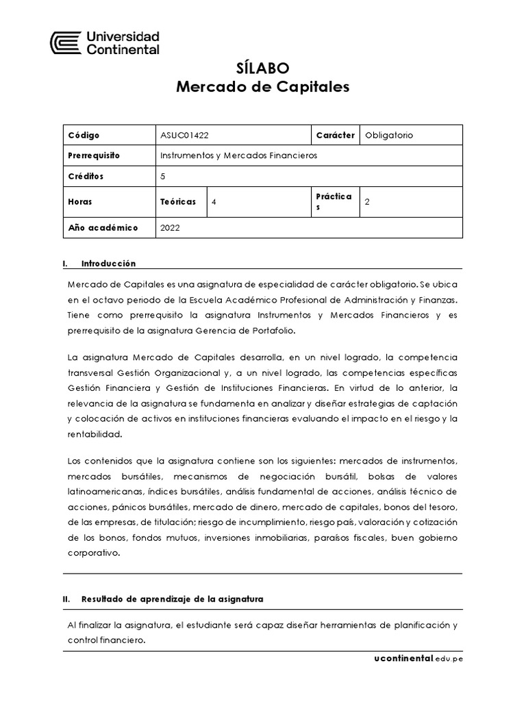 Sílabo de Mercado de Capitales 2022 | PDF | Bolsa | Economias