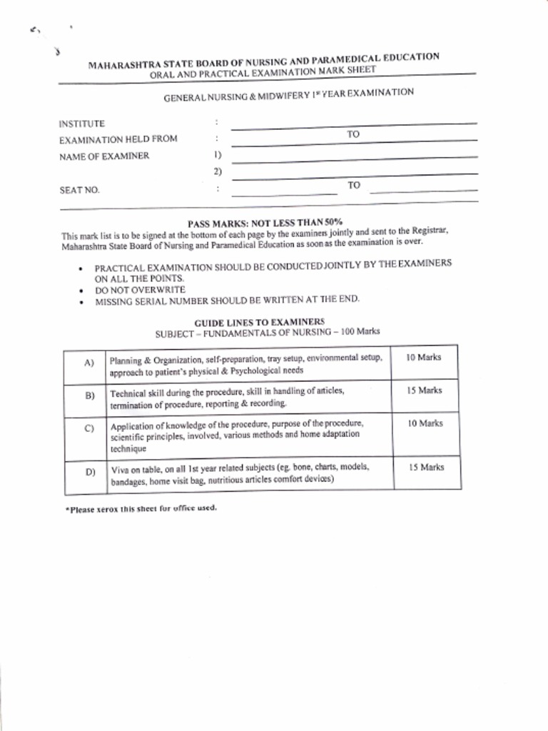 GNM Oral Practical Examination Sheet PDF