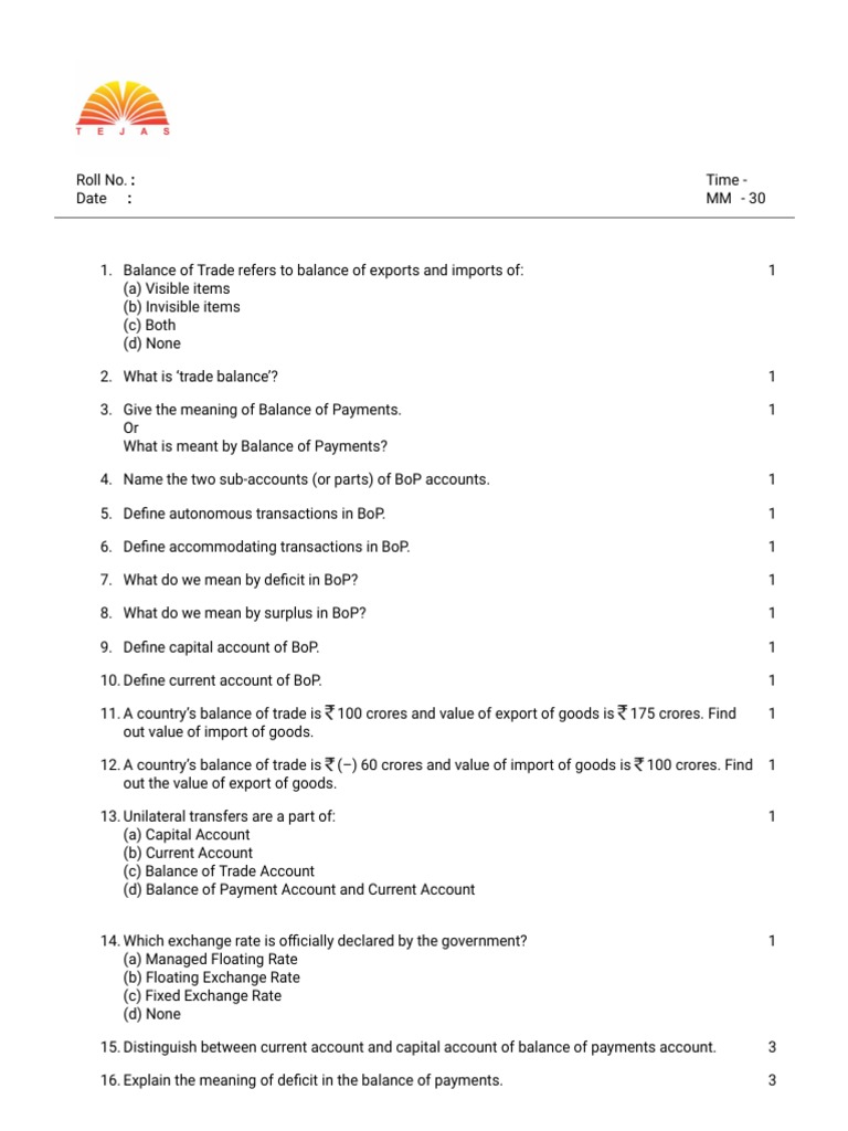 Balance of Payement Test For 12th | PDF | Balance Of Payments | Balance ...
