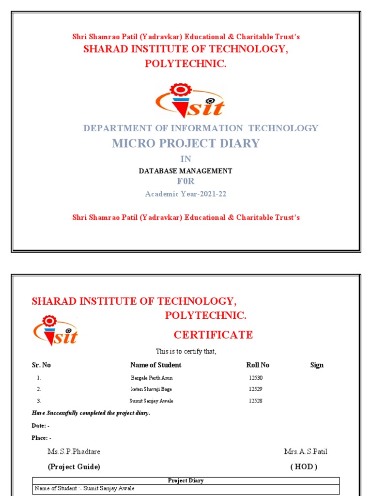 Database management micro project diary documenting the development of