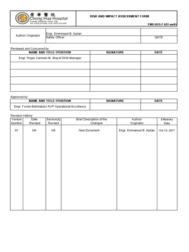 01 FMS-HOS-F-022 Ver01 Risk and Impact Assessment Form | PDF | Risk ...