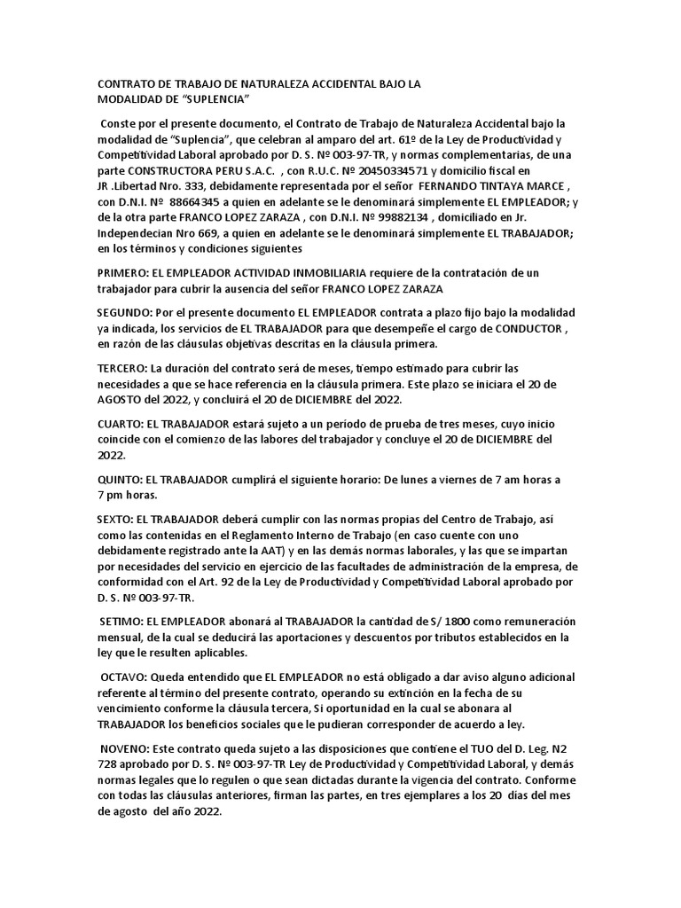 Contrato de Suplencia | PDF | Finanzas y dinero